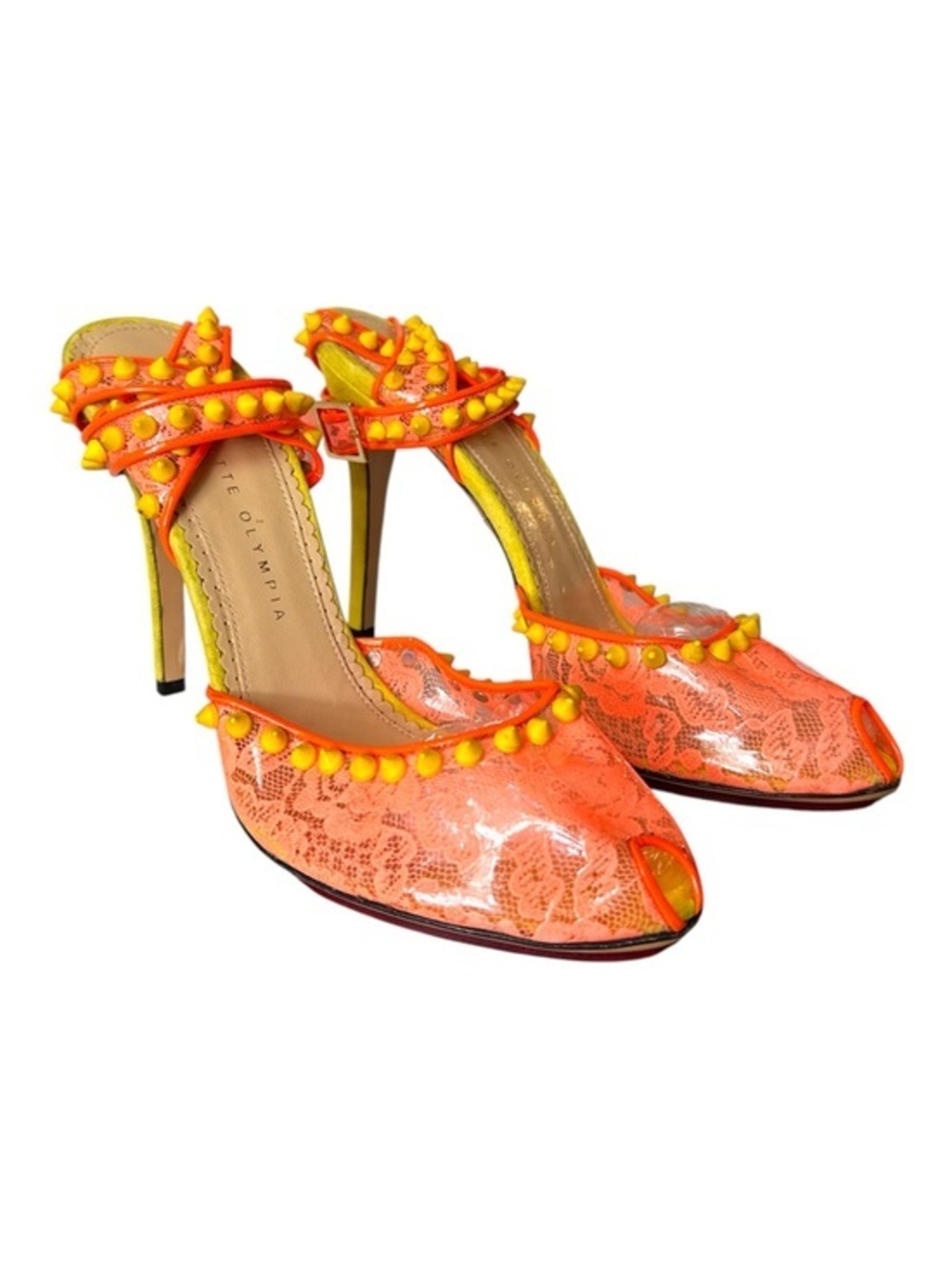 Charlotte Olympia Neon Lace Heart Platform Studded Soho Ankle Strap Heels 39